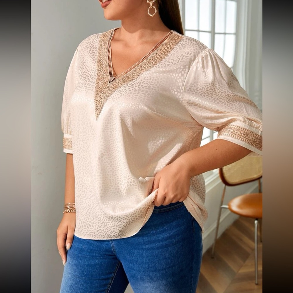 Plus Contrast Lace V-neck Blouse